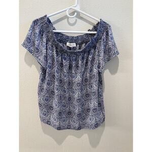 Pink Rose Off The Shoulder Top. Size Large. Blue And Purple Print. Smocking